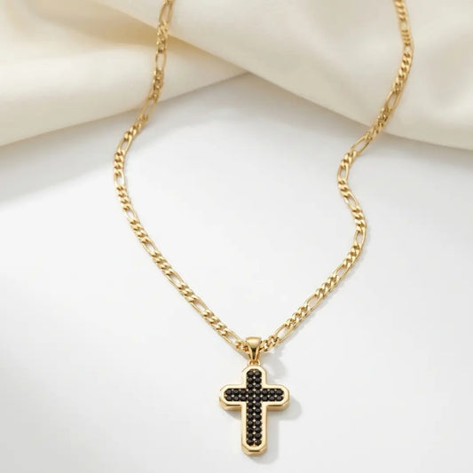 18K Gold-Plated Black Crystal Cross Necklace
