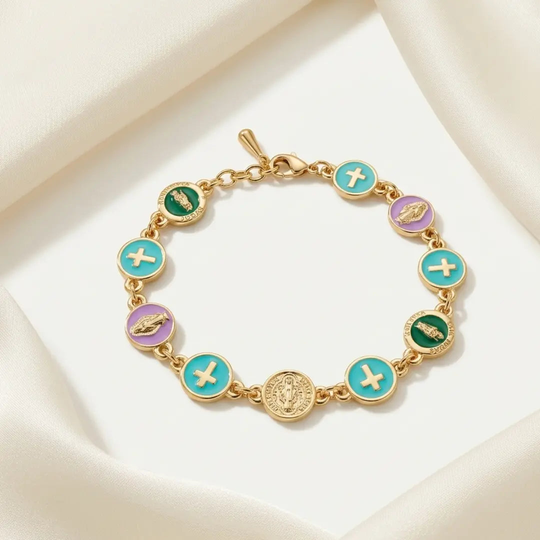 18K Gold-Plated Religious Charm Bracelet – Enamel Medals