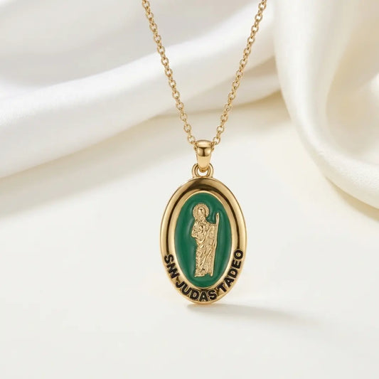 18K Gold-Plated Saint Jude Medal Necklace – Green Enamel