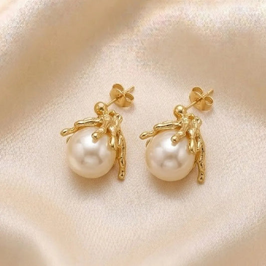 18k Gold Plated Pearl Earrings, Stainless Steel, Waterproof, Hypoallergenic