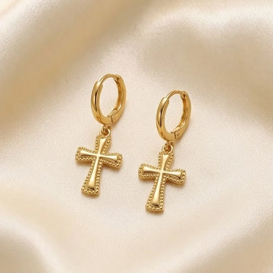 18k Gold Plated Stainless Steel Drop Earrings with Crosses - Waterproof and Hypoallergenic