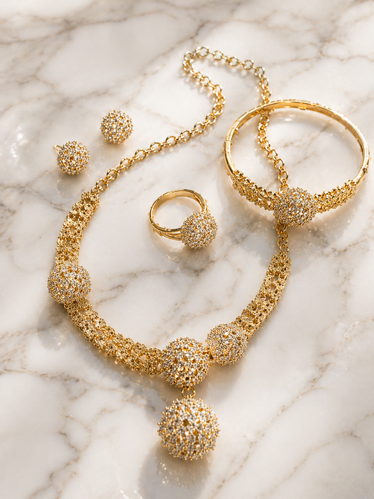 Luxury 18K Gold Plated Jewelry Set with Zirconia – Necklace, Bracelet, Ring & Earrings