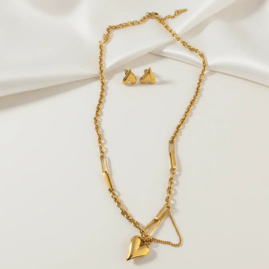 Gold-Plated Heart Necklace & Earrings Set – Stainless Steel